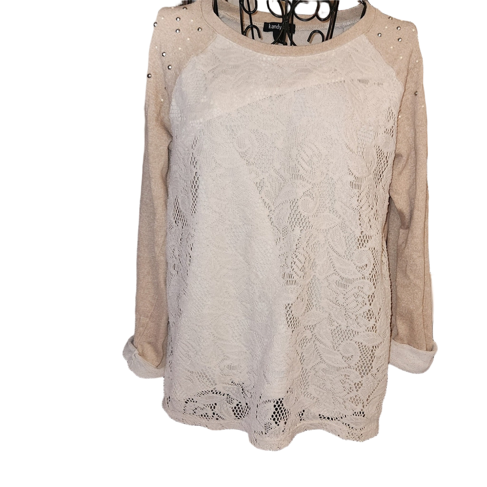 Kandy Kiss Elegant Lace Blouse in Cream and Beige Size Large